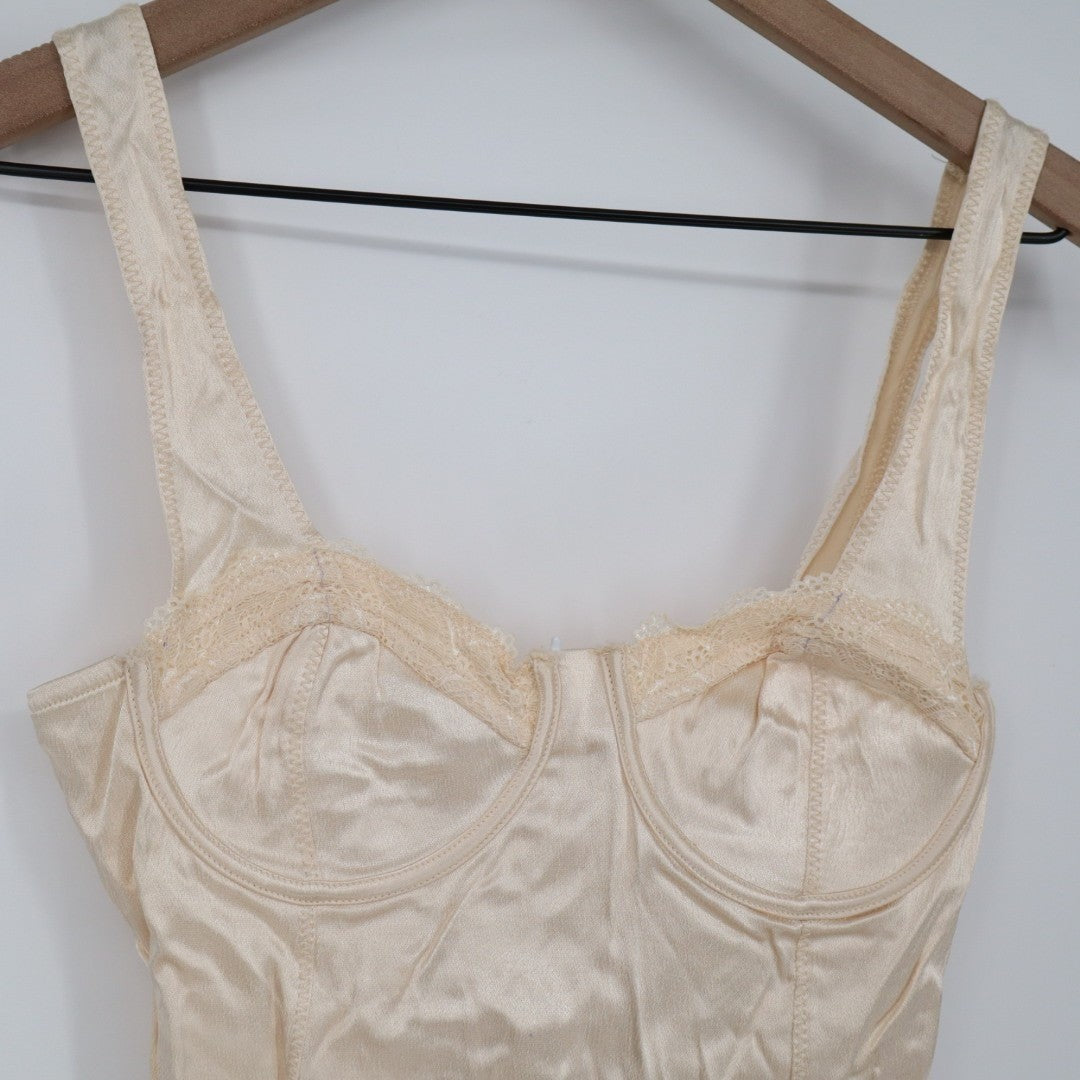 Zara Bodysuit Womens Small Cream Satin Stretch Underwire Side Zip Wide Strap
