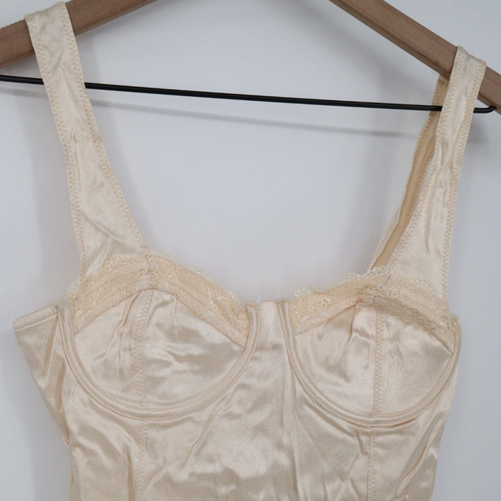 Zara Bodysuit Womens Small Cream Satin Stretch Underwire Side Zip Wide Strap