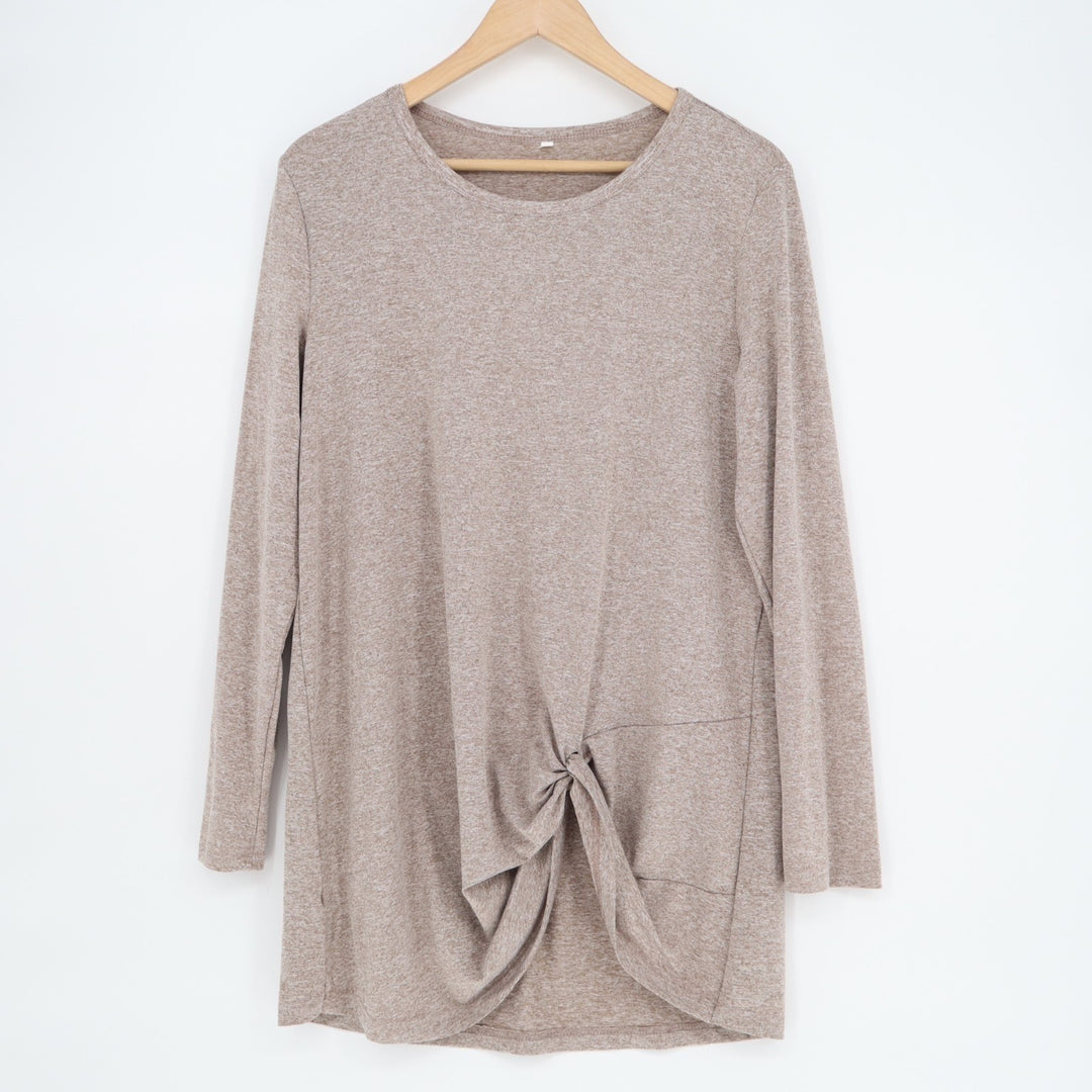T-Shirt Womens Large Brown Knit Long Sleeve Front Twist Round Neck Pullover