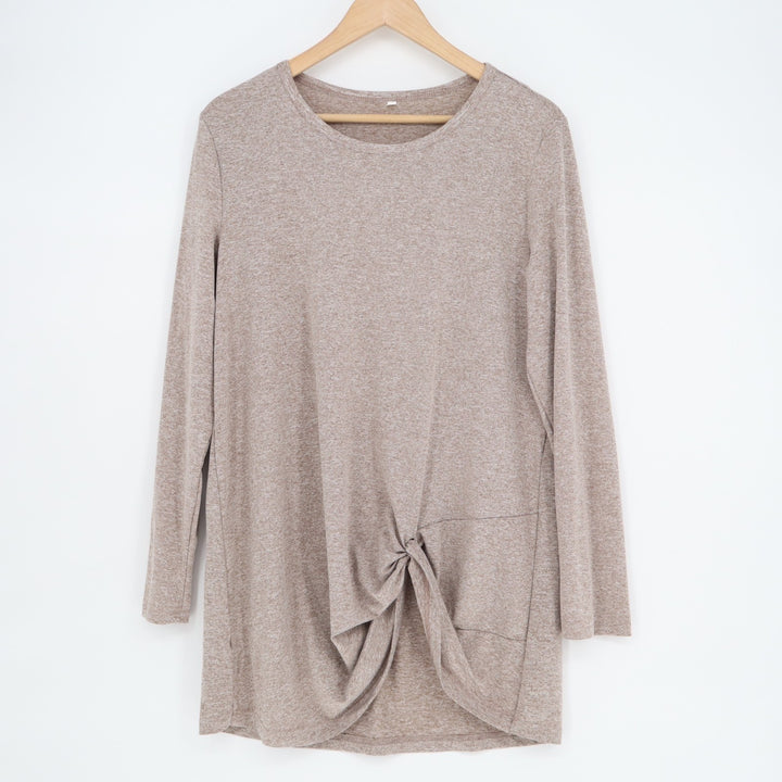 T-Shirt Womens Large Brown Knit Long Sleeve Front Twist Round Neck Pullover