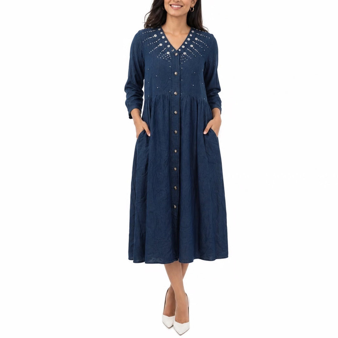 Vintage Style Denim Studded Button Front Midi Dress Blue XL Western Boho XL