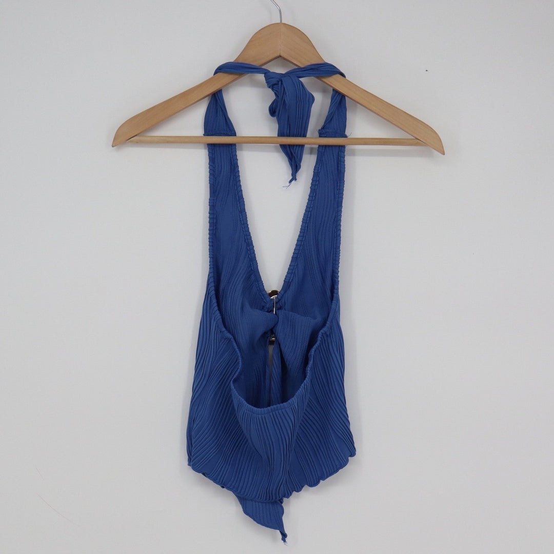 Shein Womens Blue Plisse Pleated Halter Top Silver Ring Detail XS