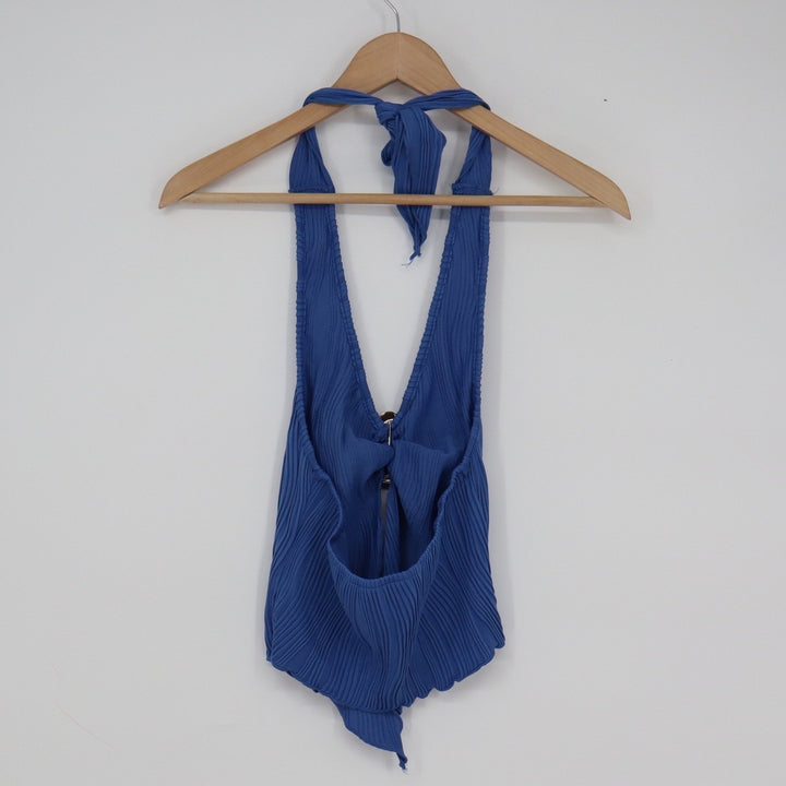 Shein Womens Blue Plisse Pleated Halter Top Silver Ring Detail XS