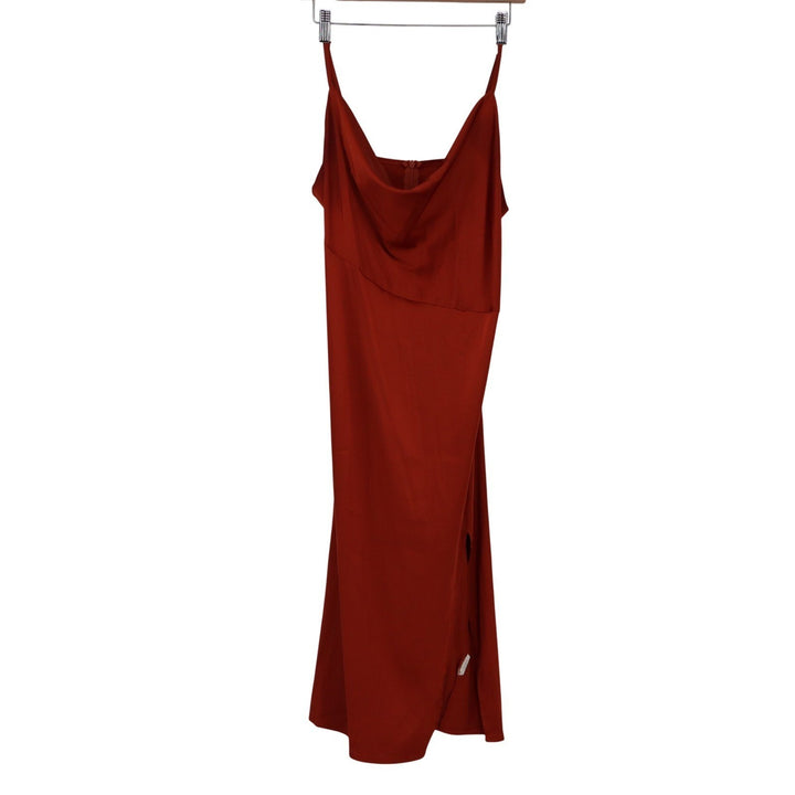 Rust Red Cowl Neck Midi Dress Spaghetti Strap Side Slit Size L