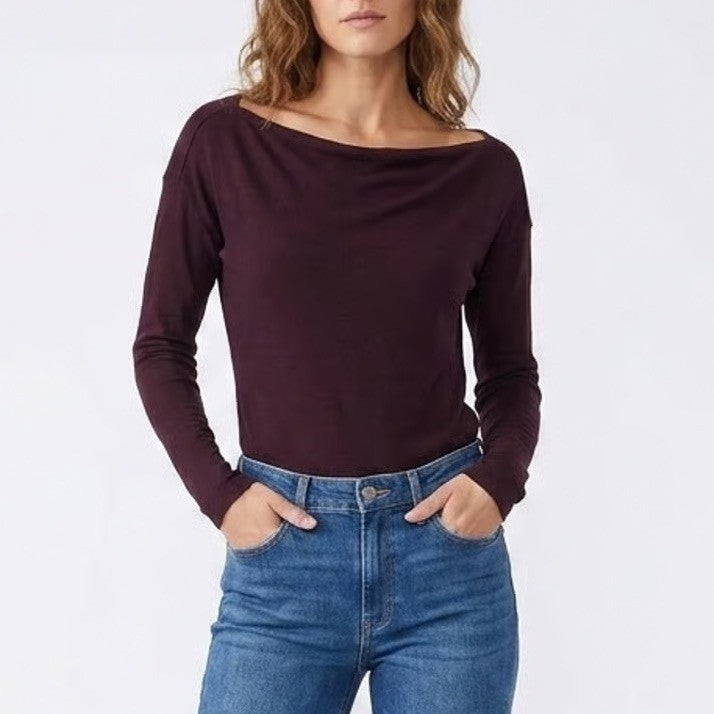 Paige Womens Long Sleeve Boat Neck Bodysuit Burgundy Purple Size M