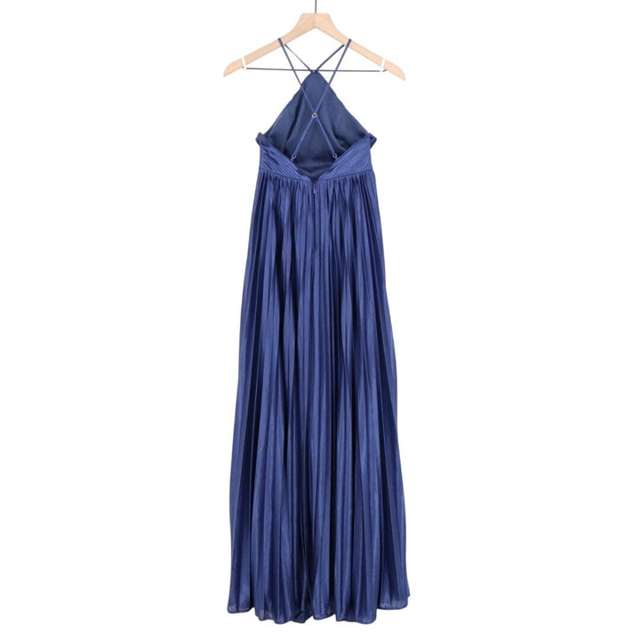 Lulus Elaborate Charm Maxi Dress Womens Navy Blue Satin Pleated Adjustable Strap