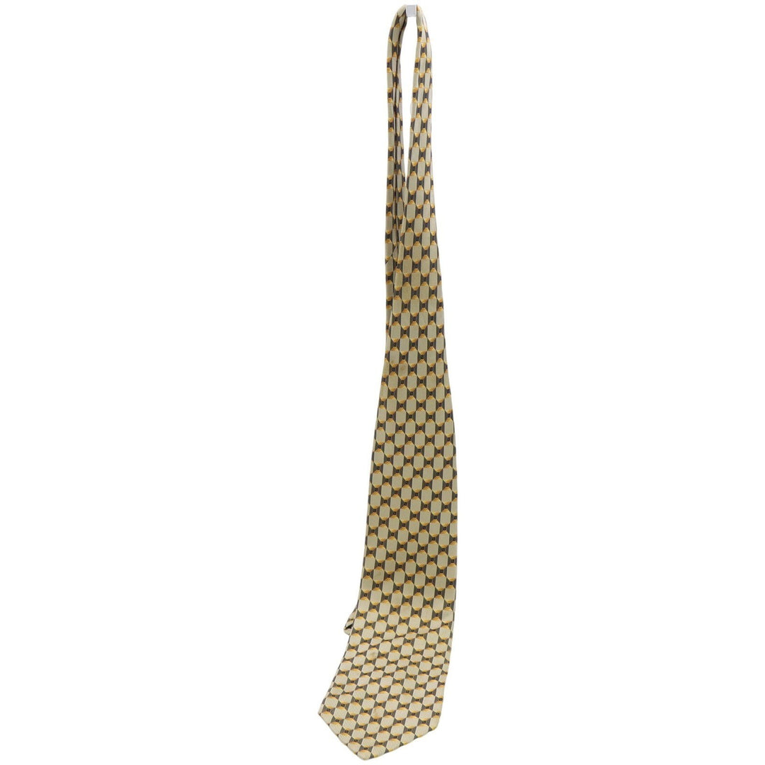 Mens Gold Tan Navy Blue Geometric Box Pattern 100% Silk Necktie Made in Korea