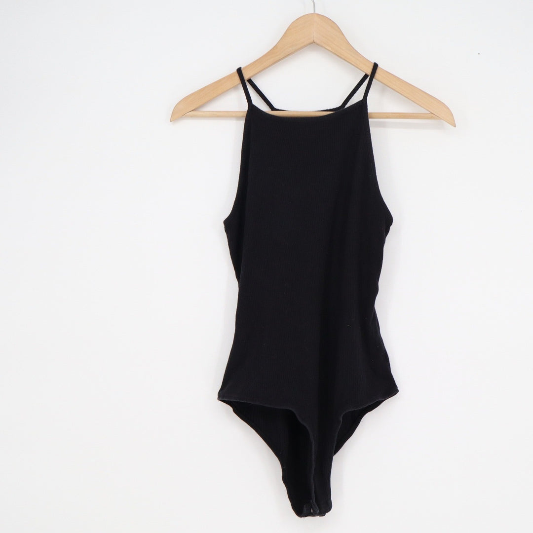 Ambiance Black Ribbed High Neck Sleeveless Bodysuit Size L