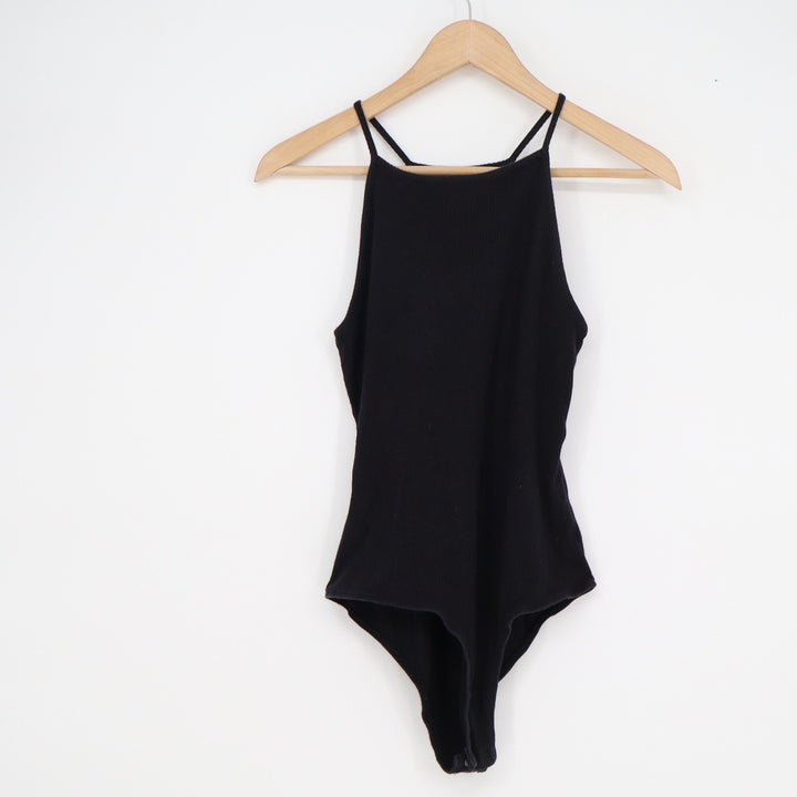 Ambiance Black Ribbed High Neck Sleeveless Bodysuit Size L