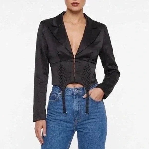 Naked Wardrobe Black Satin Cropped Garter Corset Blazer Jacket  M
