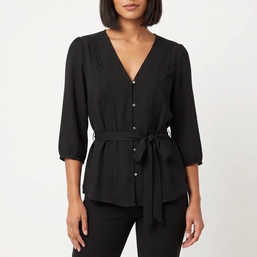 New York & Company Blouse Womens Medium Black Front Button 3/4 Sleeve Tie Waist