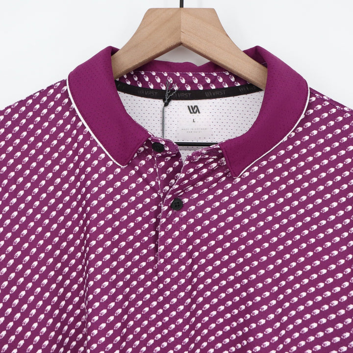VRST Mens Contrast Printed Polo Roll Repeat Black Cherry Golf Shirt Large