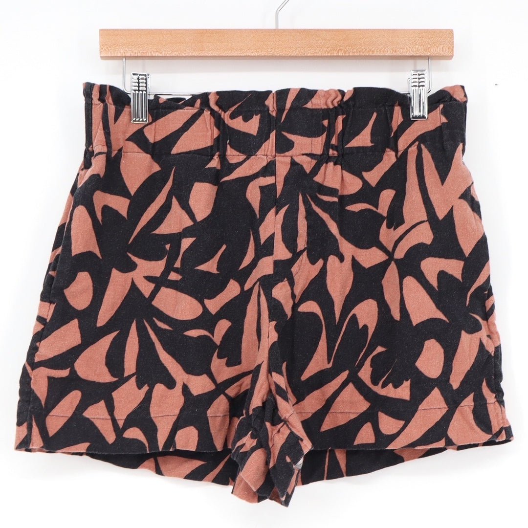 A New Day Womens Linen Blend Abstract Leaf Paperbag Waist Shorts Rust Black M