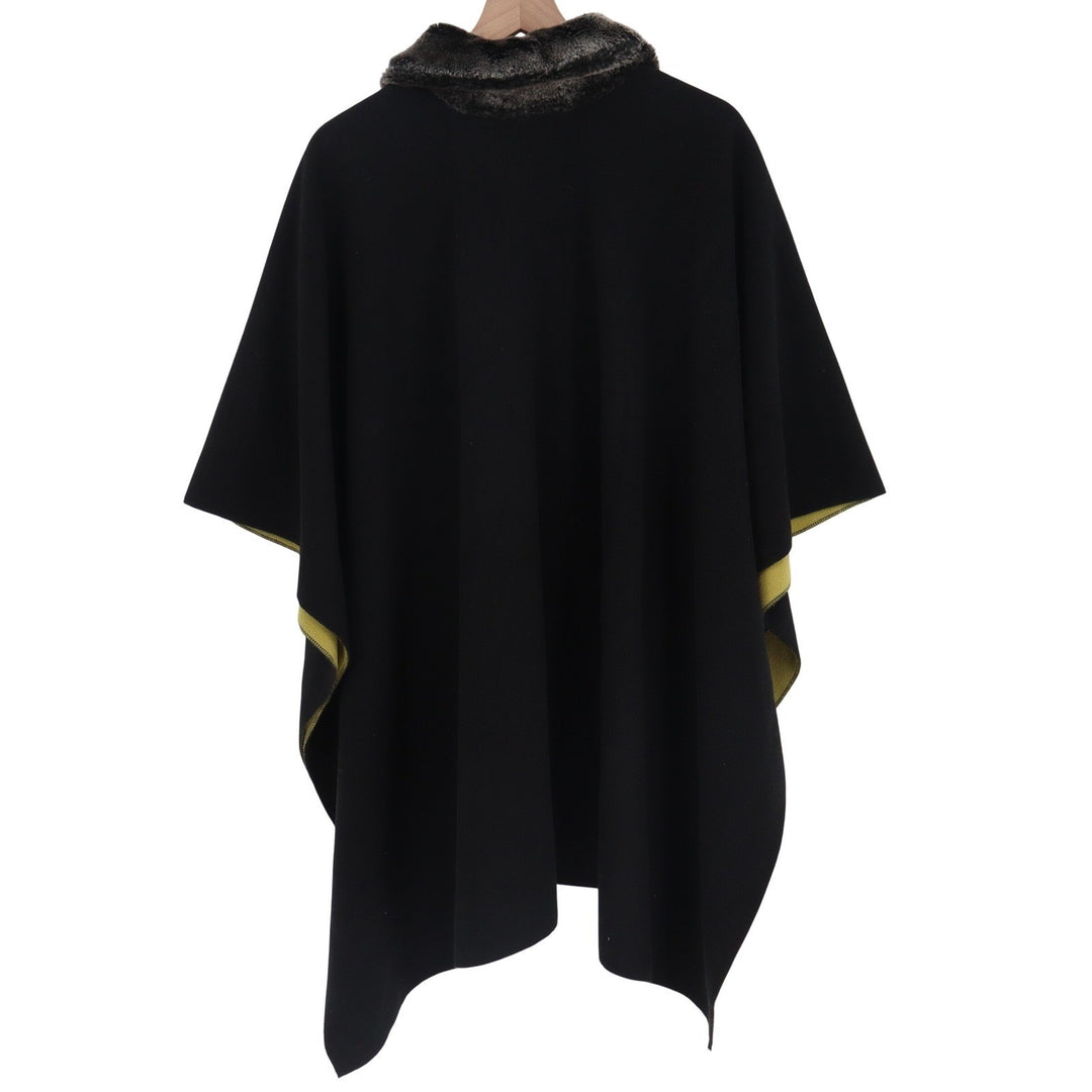 Black Chartreuse Yellow Faux Fur Collar Open Front Poncho Wrap Cape One Size