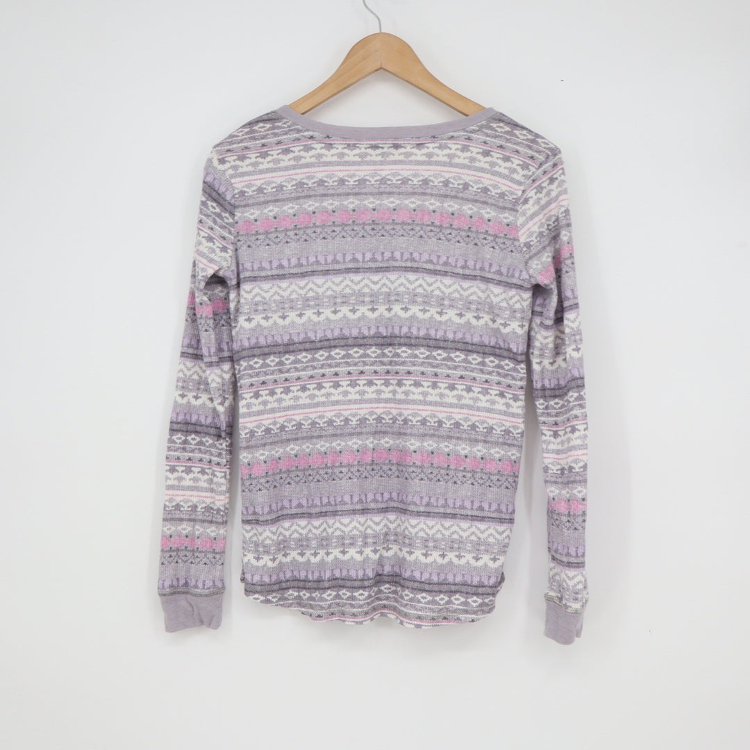Splendid Womens Purple Fair Isle Waffle Knit Thermal Pajama Set Henley S