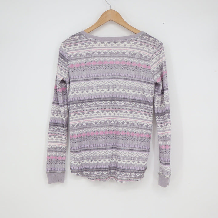 Splendid Womens Purple Fair Isle Waffle Knit Thermal Pajama Set Henley S