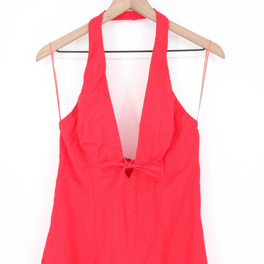 Showpo Lyla Red Linen Blend Halter Plunge Tie Front Midi Dress US 8