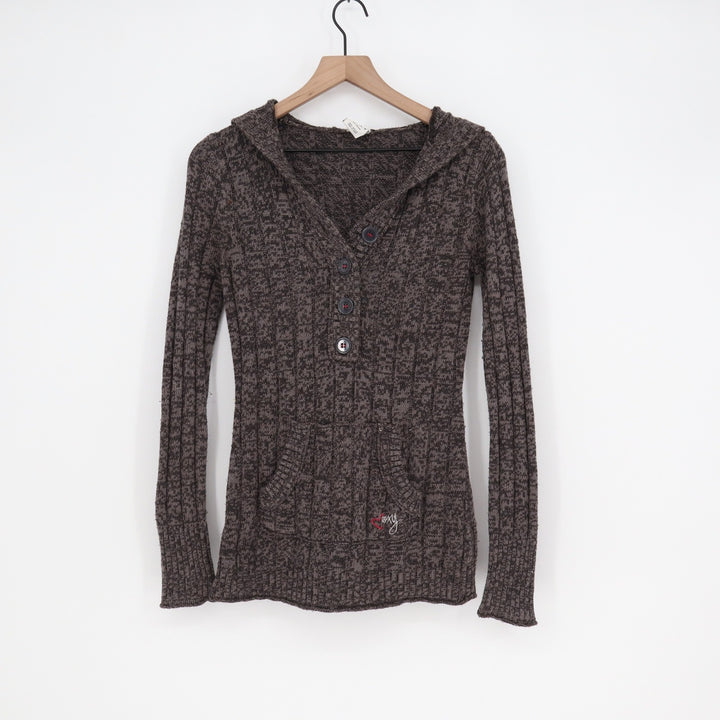 Roxy Womens Brown Marled Knit Button Henley Hoodie Sweater Size M