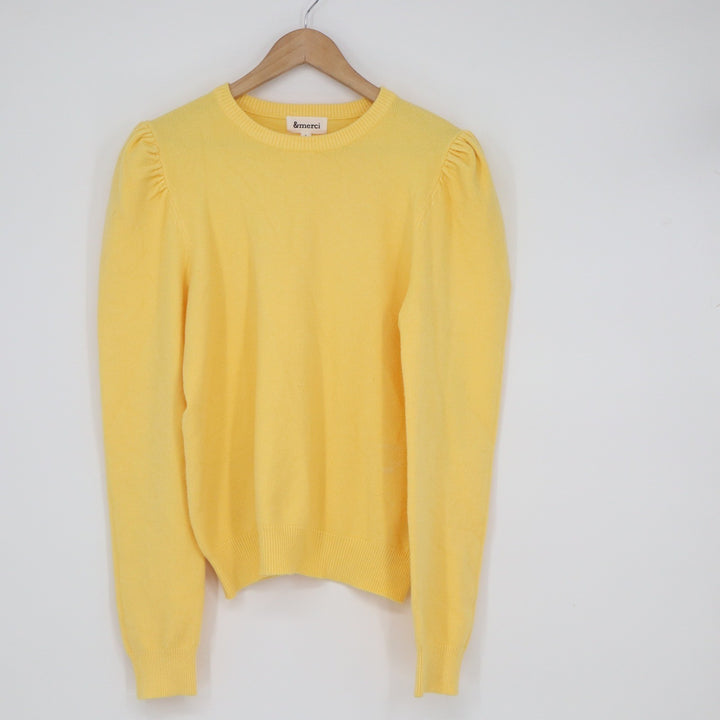 &merci Yellow Puff Shoulder Long Sleeve Crew Neck Knit Sweater Large KLJ0574