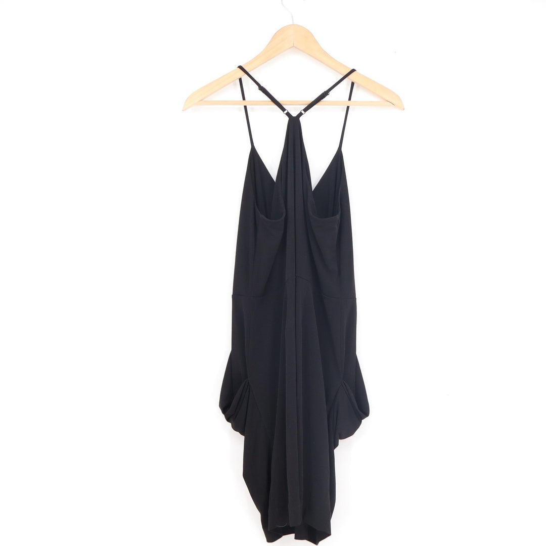 BCBGeneration Black Draped Tulip Mini Dress Womens Medium Racerback V-Neck LBD