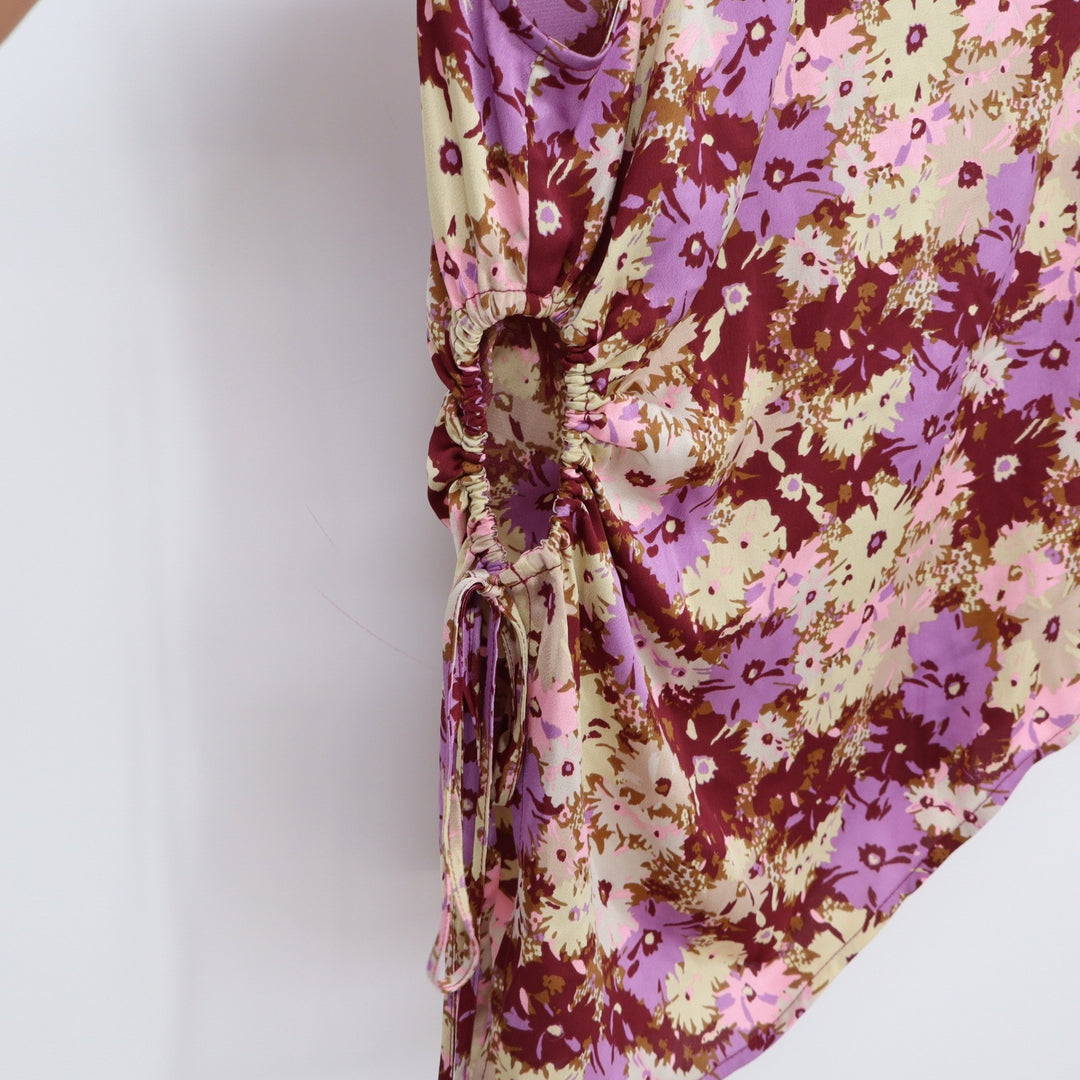 Open Edit Top Womens L Asymmetrical One Shoulder Floral Purple Side Cinch