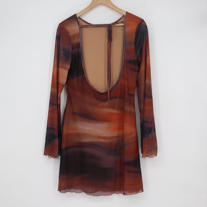 SHEIN Abstract Sunset Mesh Mini Dress Open Back Bell Sleeve Orange Brown Large
