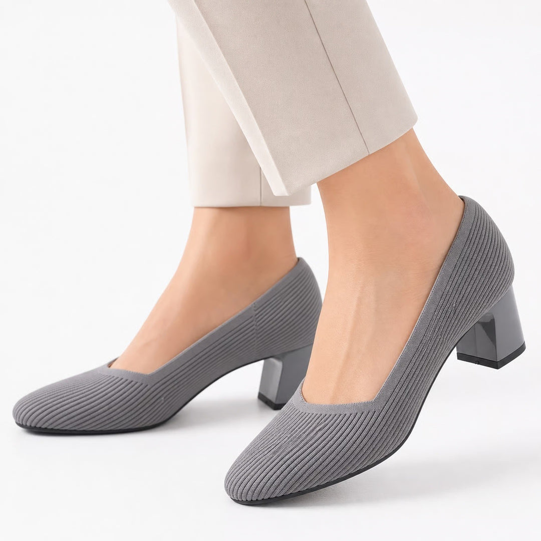 Gray Ribbed Knit Block Heel Pumps Square Toe Cushioned Insole Size 41