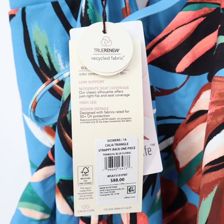 Calia Womens Tranquil Blue Floral Strappy Back One Piece Swimsuit Size 14