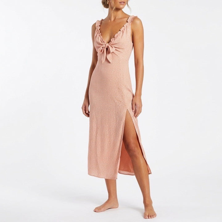Abercrombie & Fitch Midi Dress Women XSP Peach Printed Front Slit Cinch Bow Neck