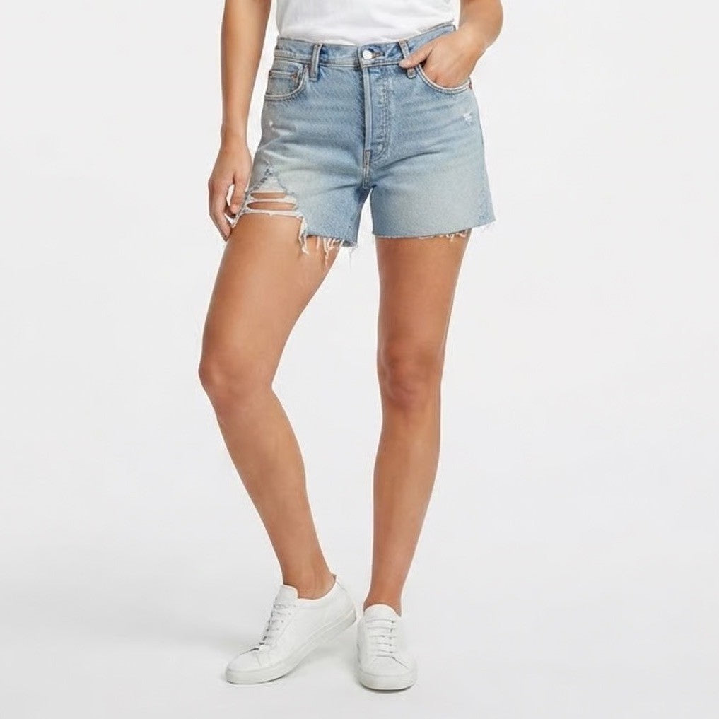 SONG Street Jean Distressed Denim Shorts Light Wash Blue Button Fly Size 17/33