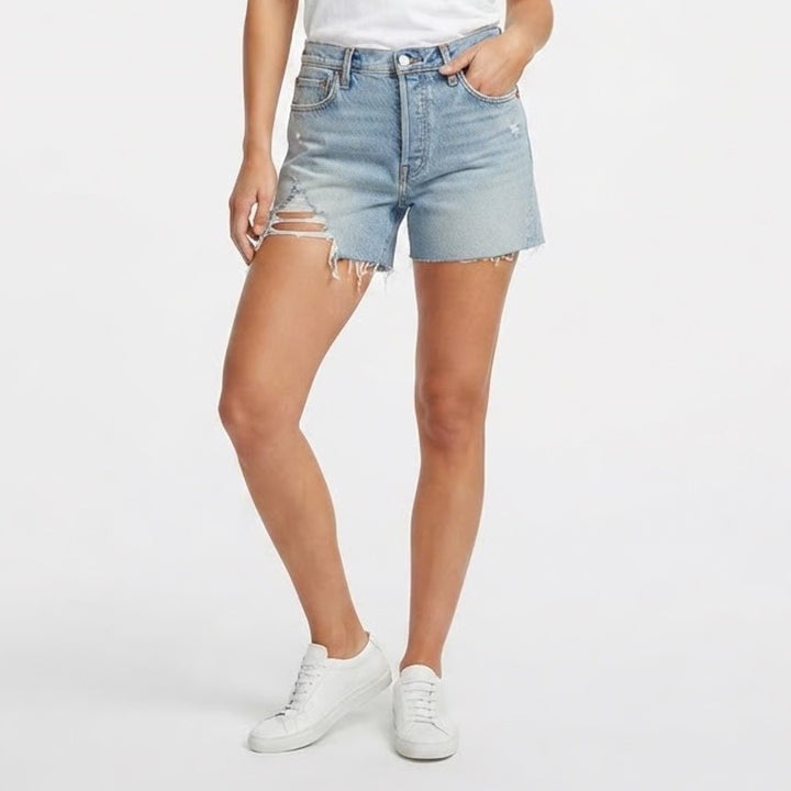 SONG Street Jean Distressed Denim Shorts Light Wash Blue Button Fly Size 17/33