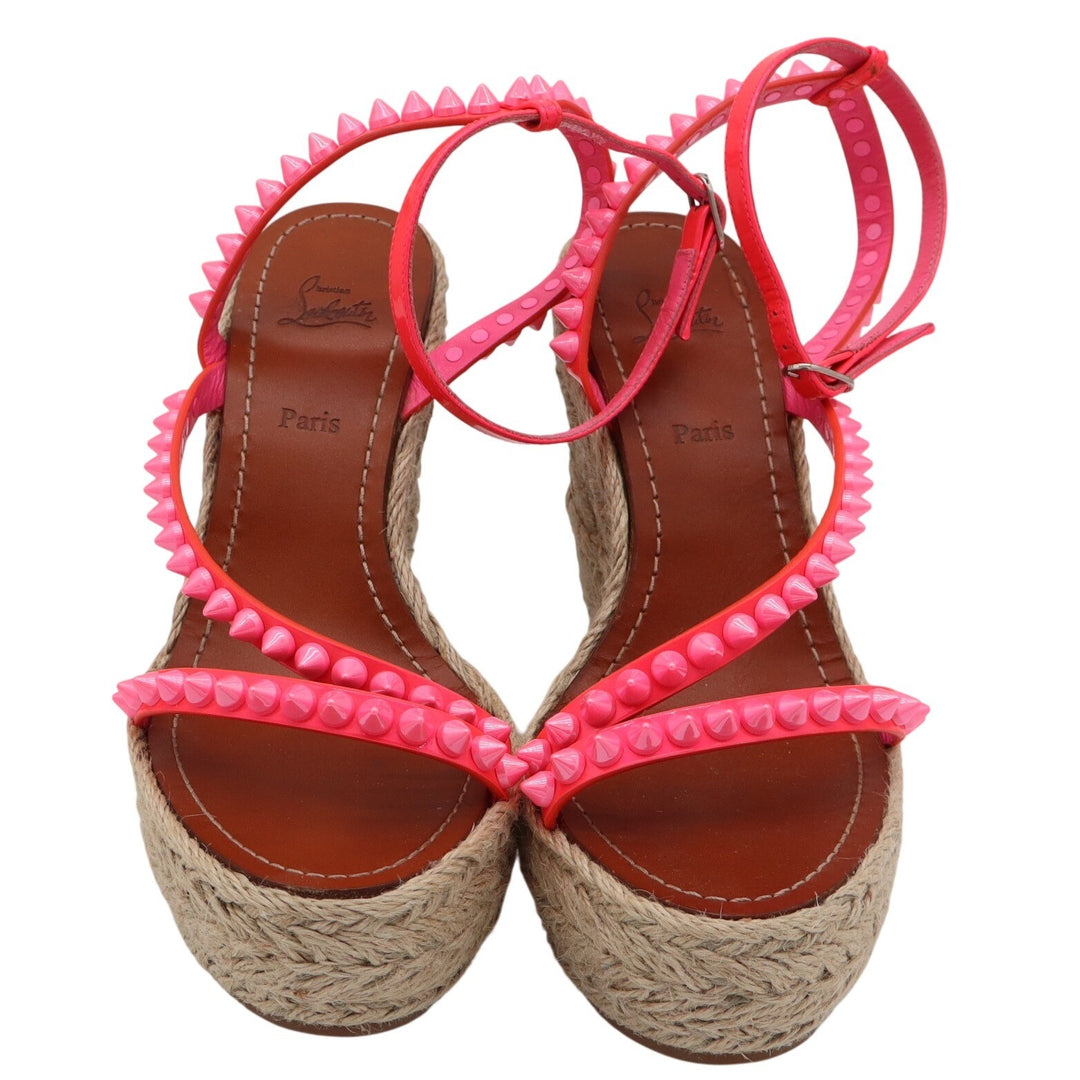 Christian Louboutin Neon Pink Studded Espadrille Wedge Sandals 38
