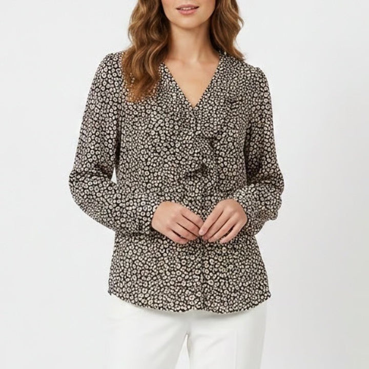 Ann Taylor Blouse Womens XL Black White Leopard Print Ruffled Neck Long Sleeve