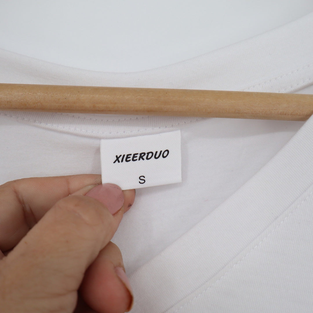 XIEERDUO Womens White V-Neck Short Sleeve Rolled Cuff T-Shirt Size S