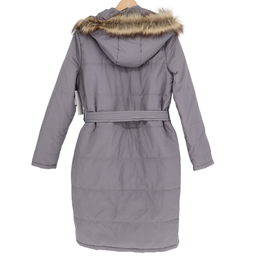 JustFab Puffer Coat Women's Large Gray Belted Faux Fur Hood Winter Full Zip Long