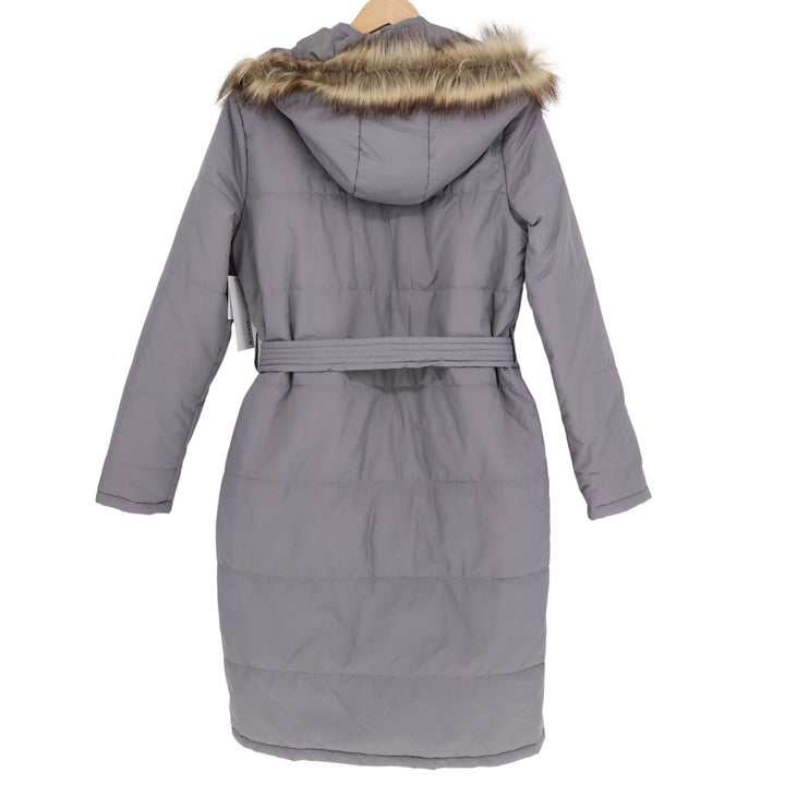 JustFab Puffer Coat Women's Large Gray Belted Faux Fur Hood Winter Full Zip Long