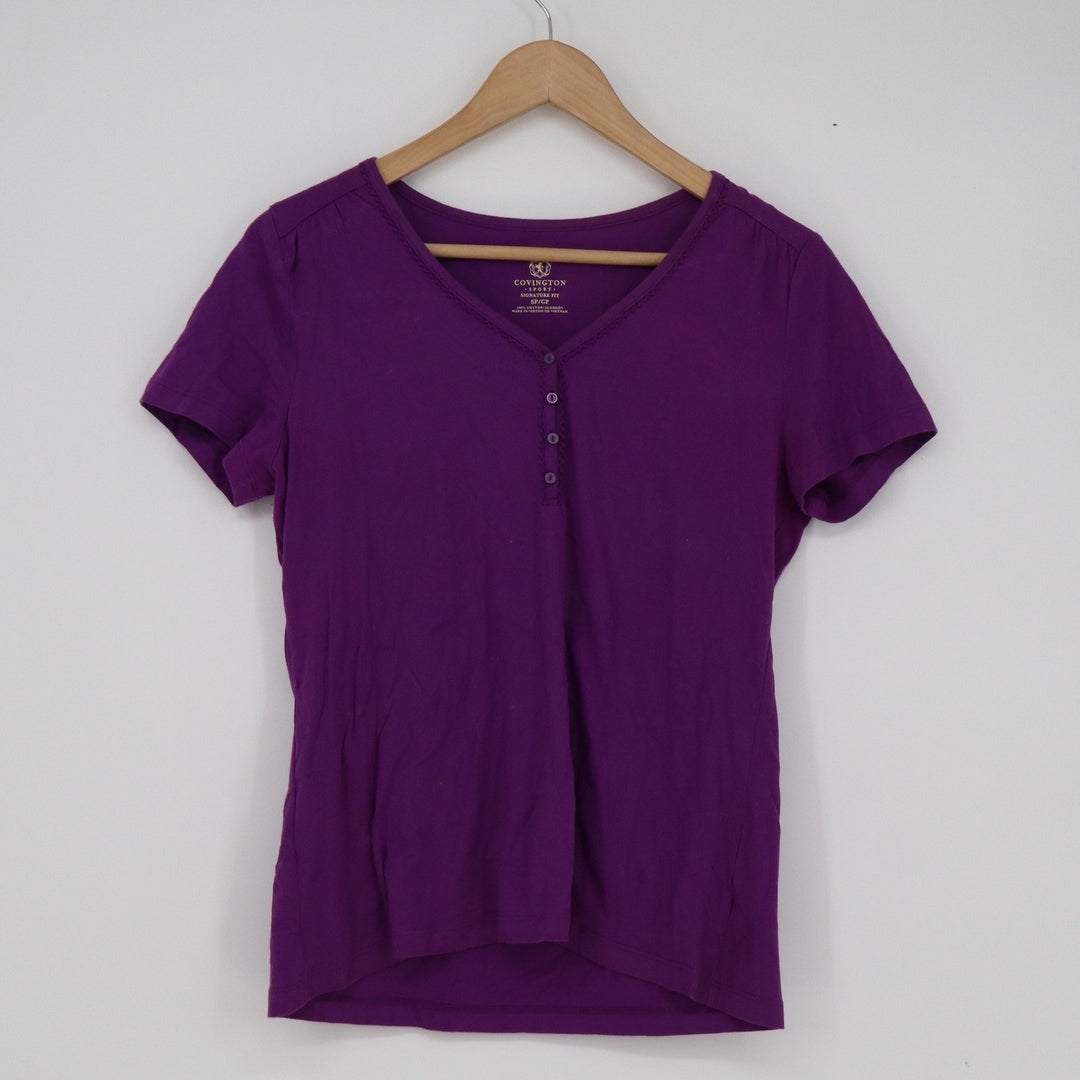 Covington Sport Womens Purple Cotton Henley Short Sleeve V-Neck Top SP