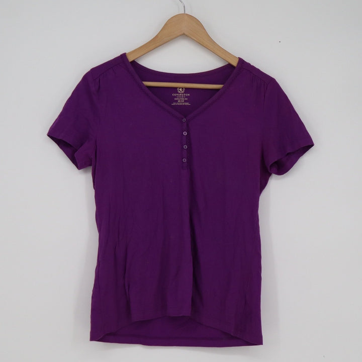 Covington Sport Womens Purple Cotton Henley Short Sleeve V-Neck Top SP