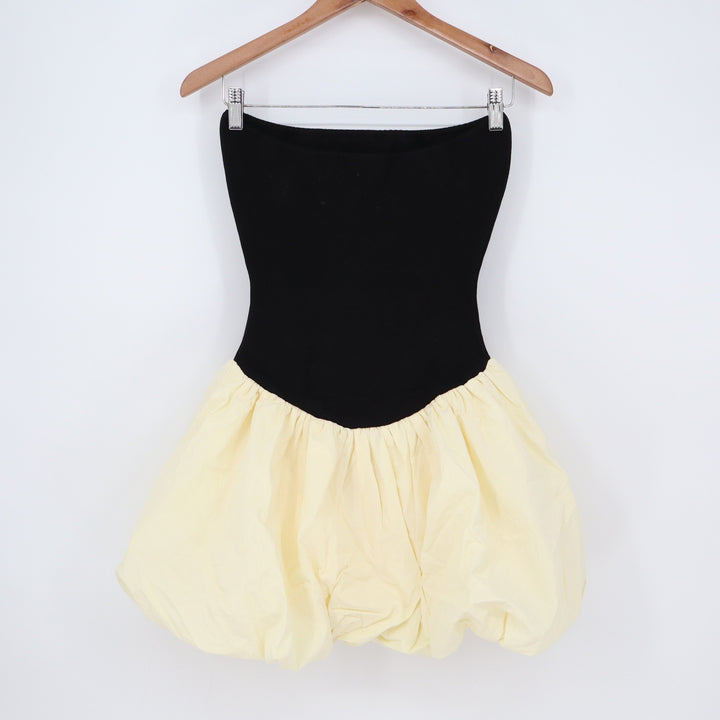 Showpo Harley Mini Dress Strapless Drop Waist Contrast Puff Skirt Black Cream 6