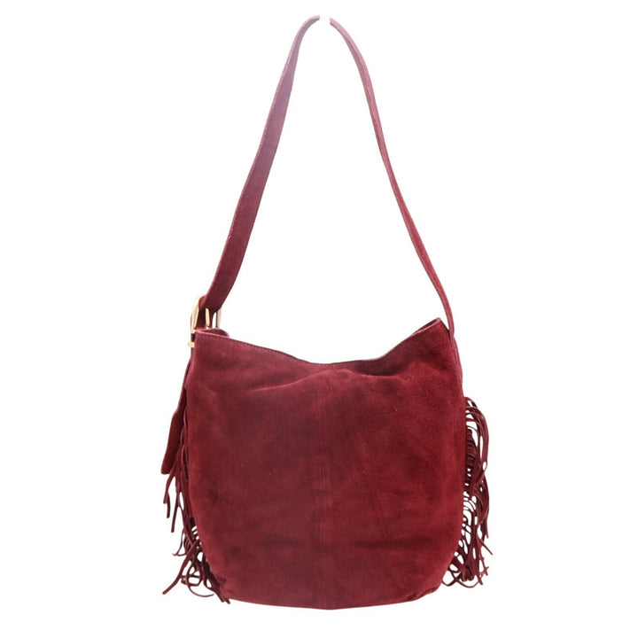 Haute Hippie Fringe Suede Bucket Bag Womens Burgundy Inner Pocket Shoulder Strap
