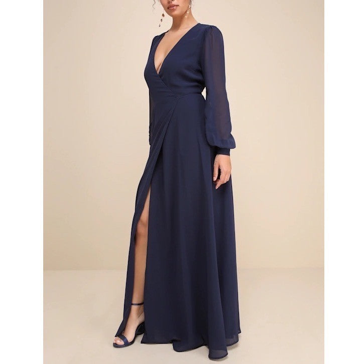 Lulus My Whole Heart Wrap Dress Womens Medium Midnight Blue Long Sheer Sleeves
