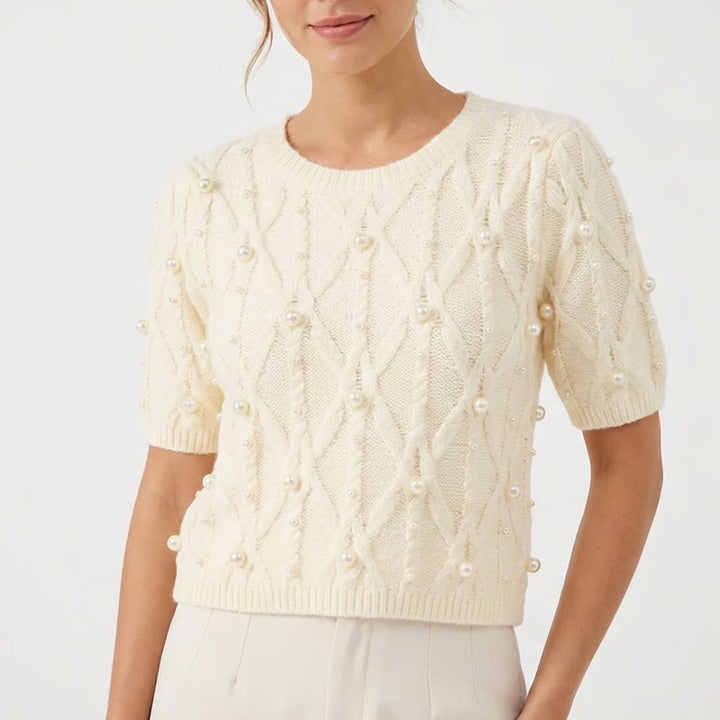 Stile Collection Ivory Faux Pearl Cable Knit Short Sleeve Sweater Large