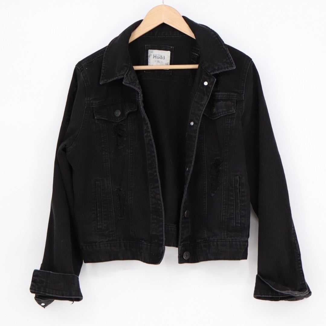 Mudd Trucker Jacket Womens XL Black Cotton Distressed Spread Collar Long Sleeve