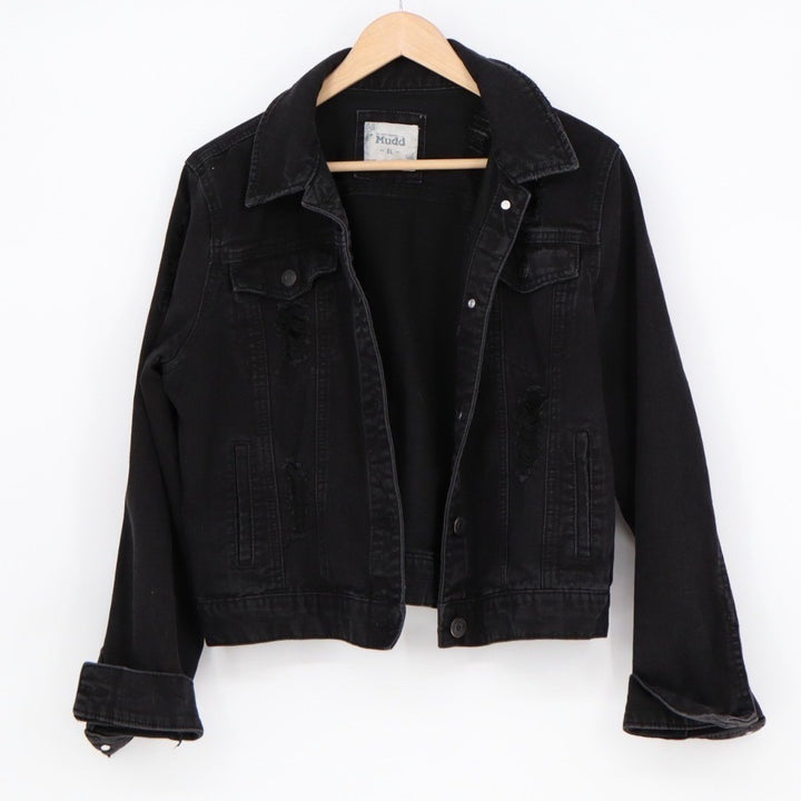 Mudd Trucker Jacket Womens XL Black Cotton Distressed Spread Collar Long Sleeve