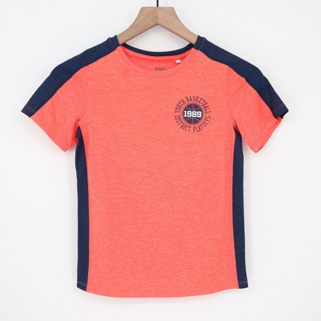 DSG Boys S 8-9 Pieced Graphic Movement Tee Cabana Coral Navy Basketball 1989 NEW