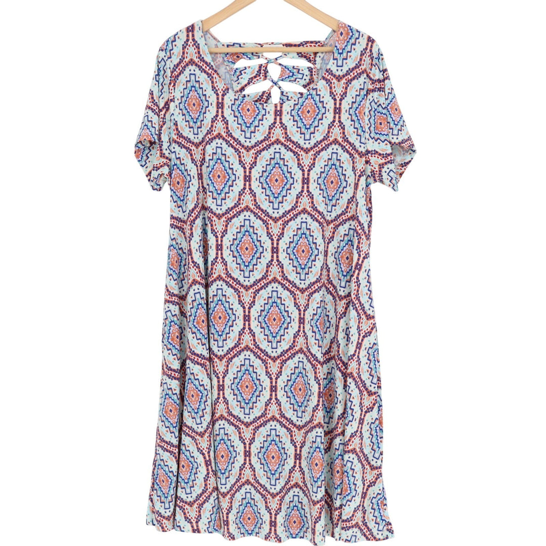 Nina Leonard Shift Dress Womens XL Multicolor Aztec Print Cutout Lace Up Back