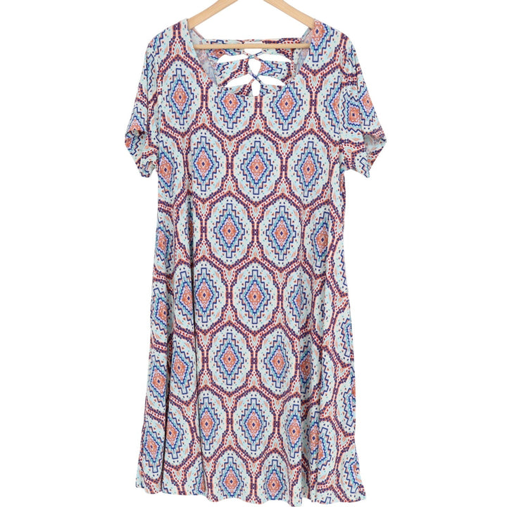 Nina Leonard Shift Dress Womens XL Multicolor Aztec Print Cutout Lace Up Back