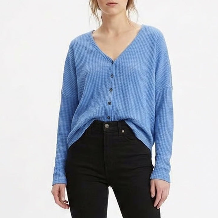 Out From Under Cardigan Sweater Womens L Blue Stretch Waffle Knit Drop Shoulder