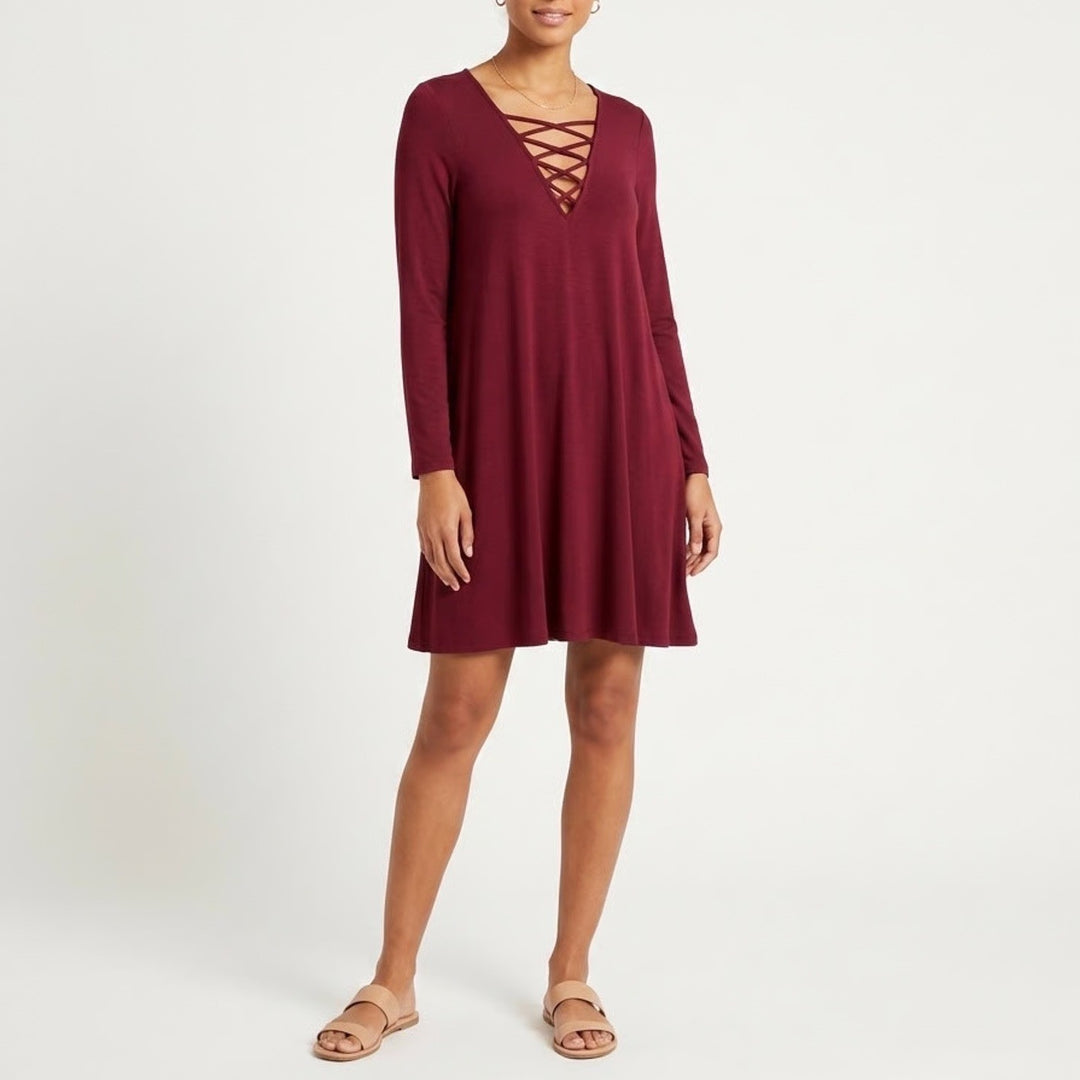 American Eagle Outfitters Soft & Sexy Dress Womens Large Red Ribbed Lace Up Neck