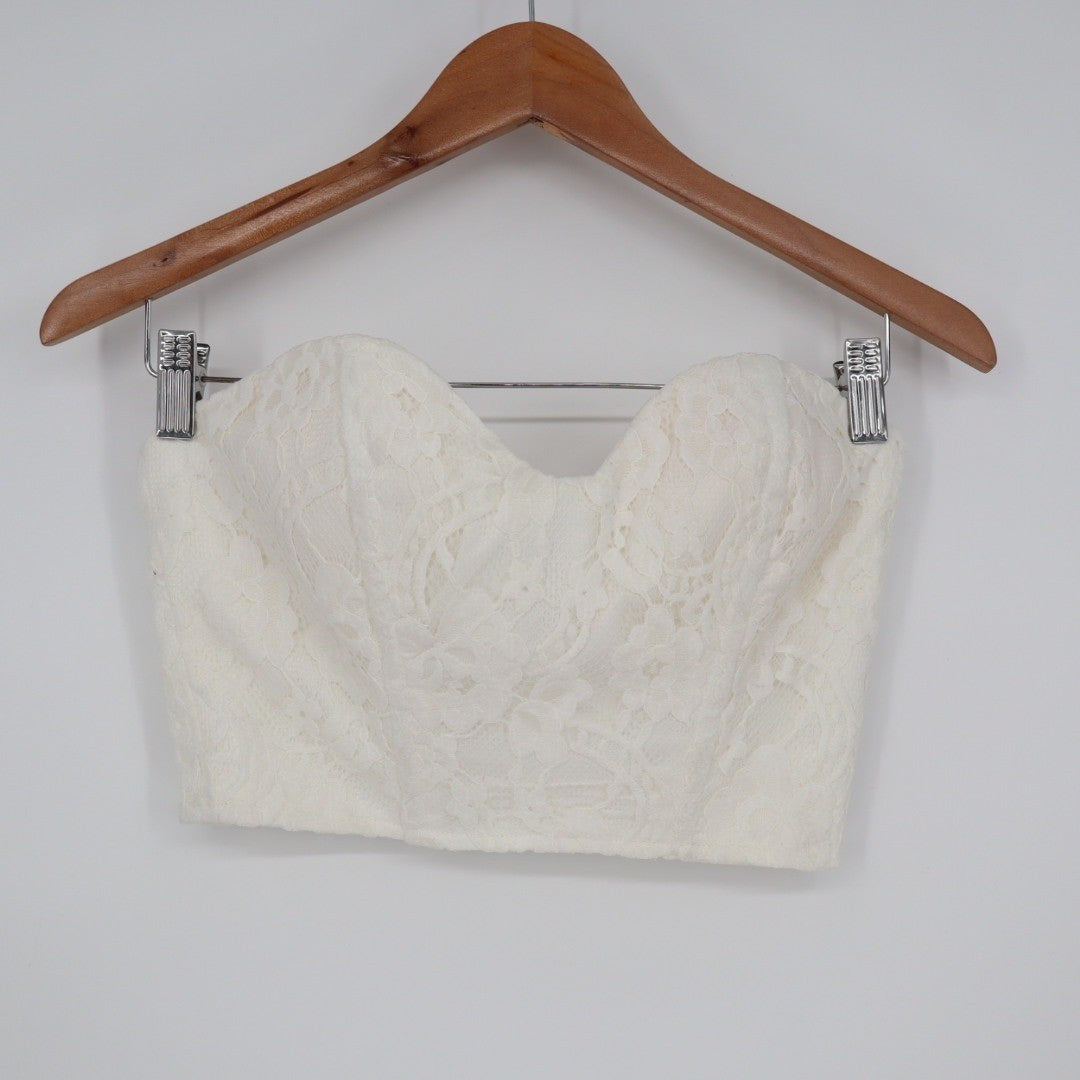 Off White Floral Lace Sweetheart Bustier Crop Top Zip Back Womens S